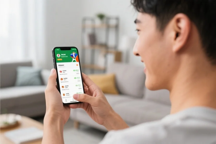 一位年轻用户手持智能手机,愉快地浏览体育赛事APP,屏幕上清晰显示赛事信息,背景为现代家居
