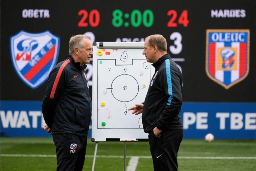 两位足球教练在战术板前讨论比赛策略，身后有比分和球队标志